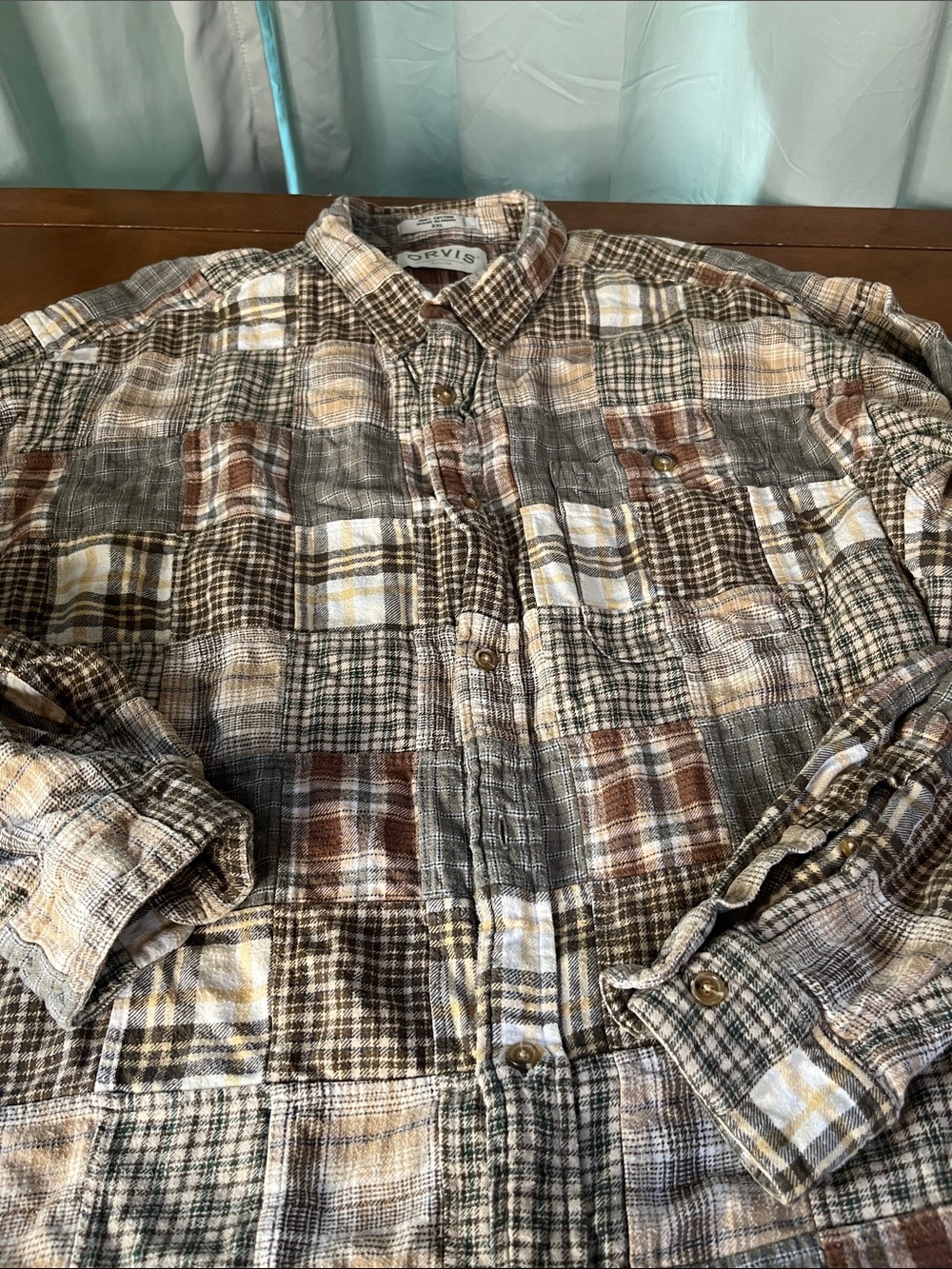 Orvis Men's Cotton Plaid Button-Down Flannel Shirt in Brown, Cream Green XXL